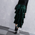 Ladies Asymmetric High Waist Ruffle Velvet Long Skirt